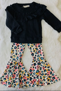 Black ruffle top with leopard pant set