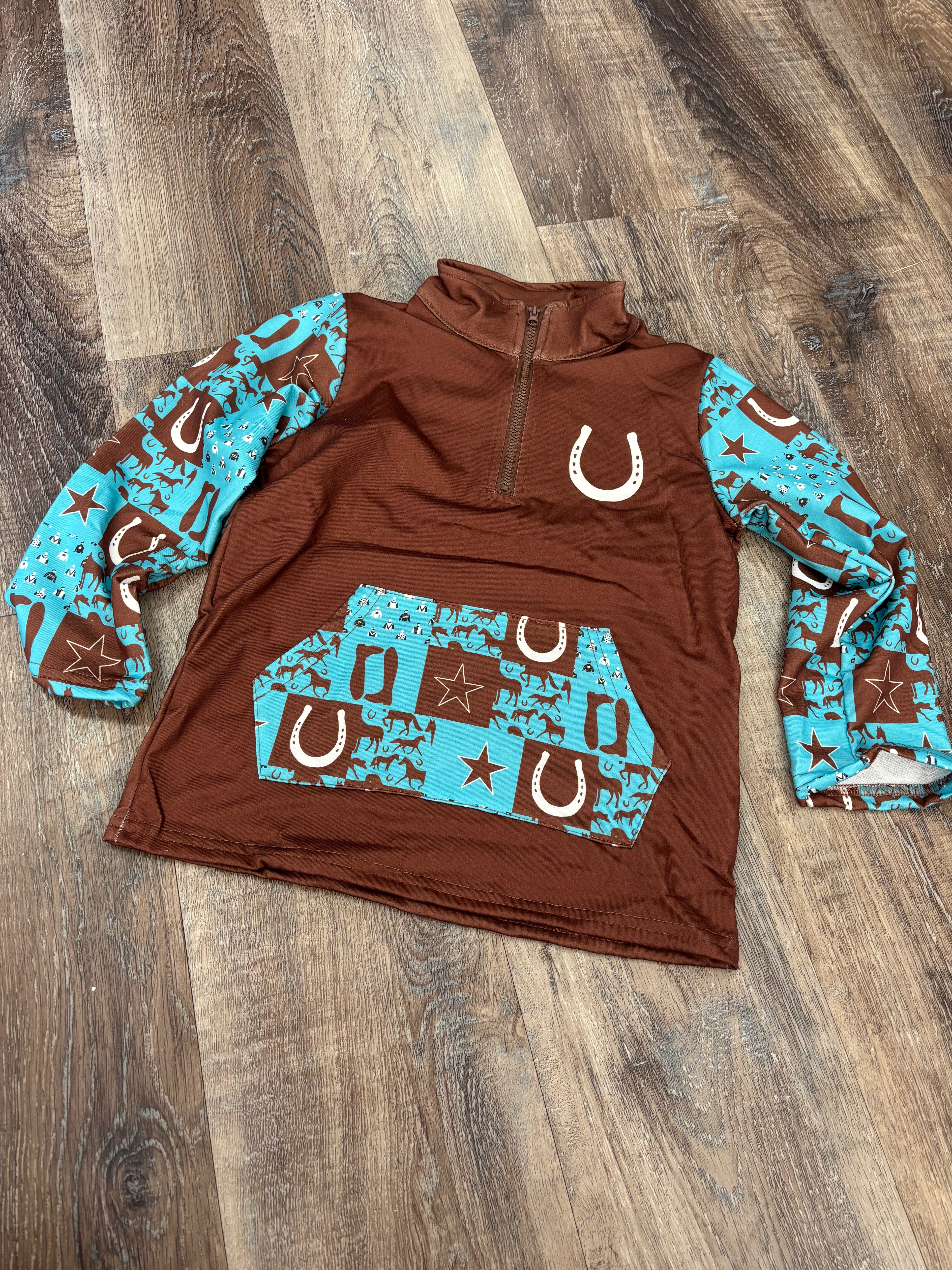 Horse shoe brown & turquoise boys pull over