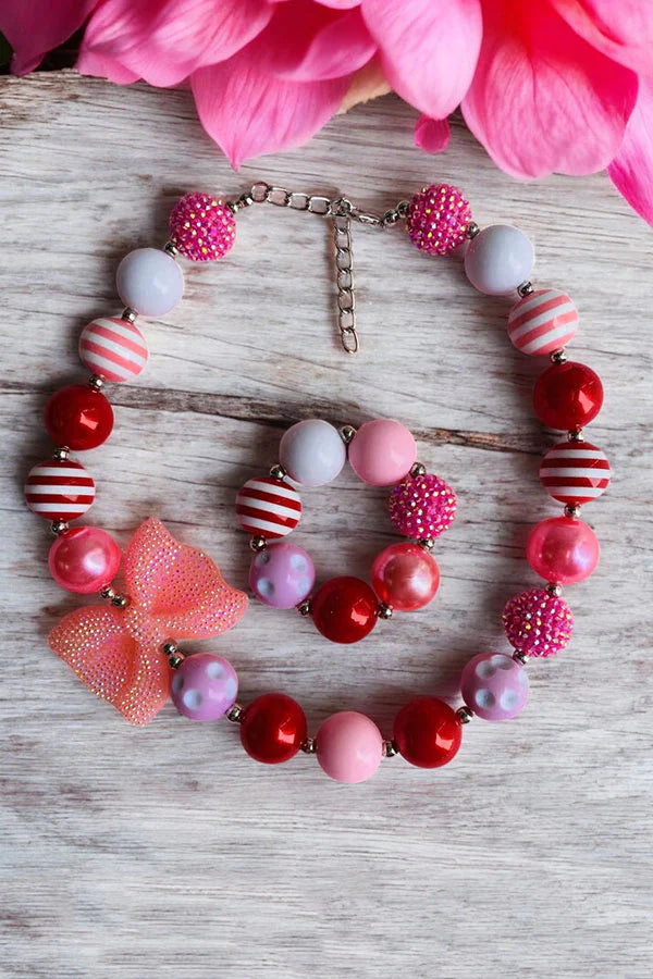 Red & pink necklace w bow & bracelet